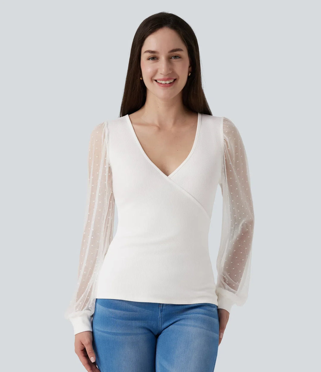 V Neck Long Sleeve Polka Dot Contrast Mesh Casual Blouse