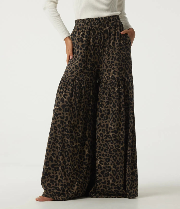 High Waisted Leopard Print Baggy Casual Trousers with Pockets