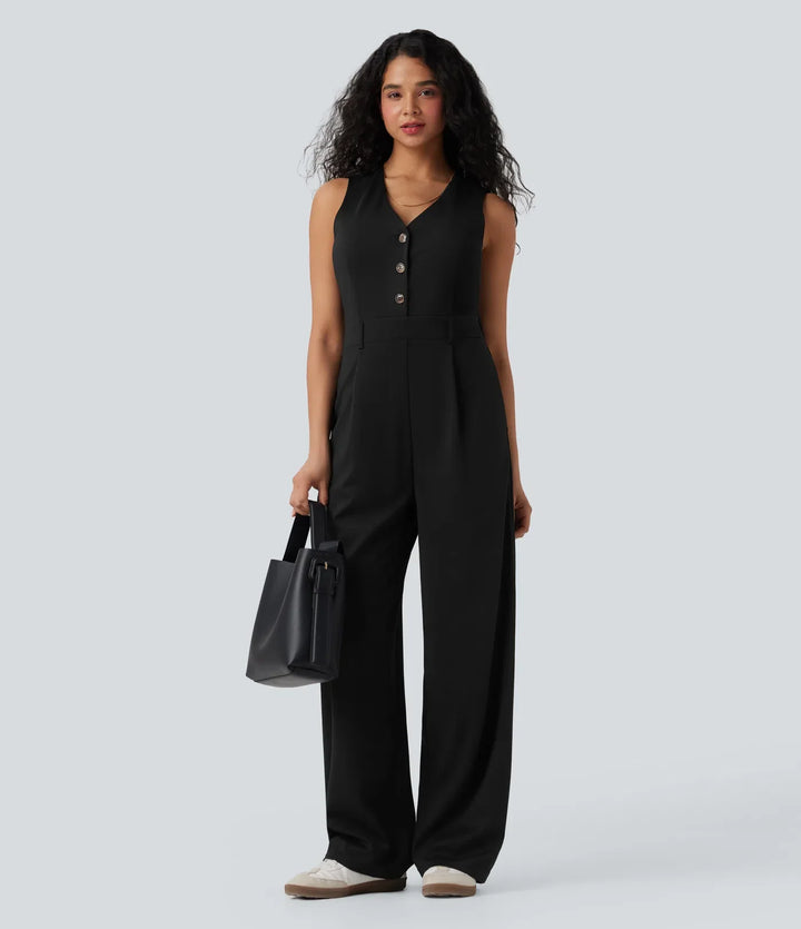 V-neck Sleeveless Casual Vest Jumpsuit with Pockets-Easy Peezy