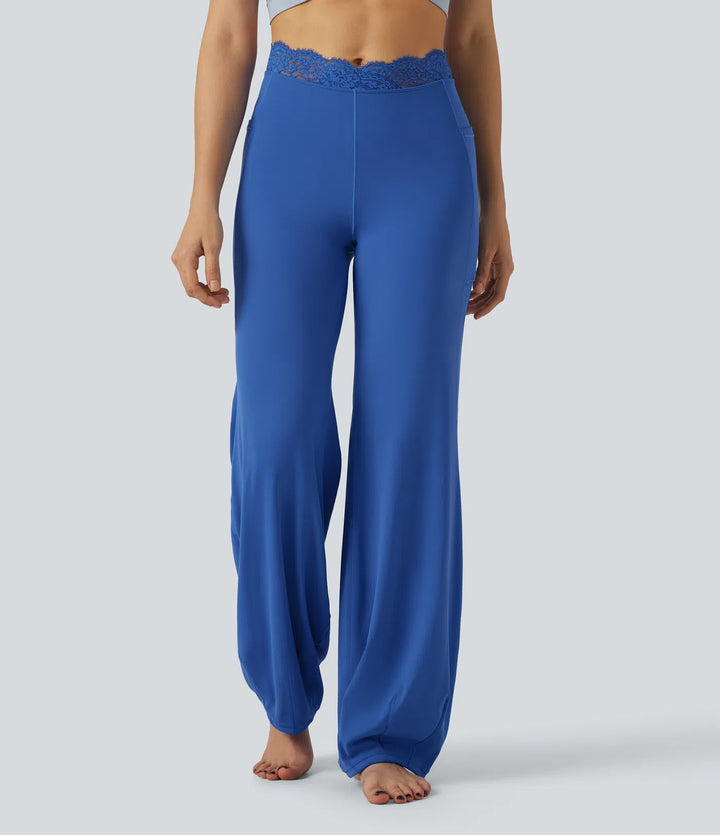SoftlyZero High Waisted Contrast Lace Dance Balloon Trousers with Pockets