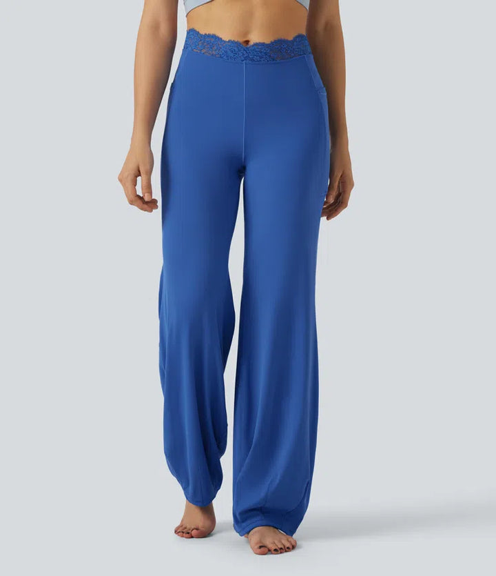 SoftlyZero High Waisted Contrast Lace Dance Balloon Trousers with Pockets