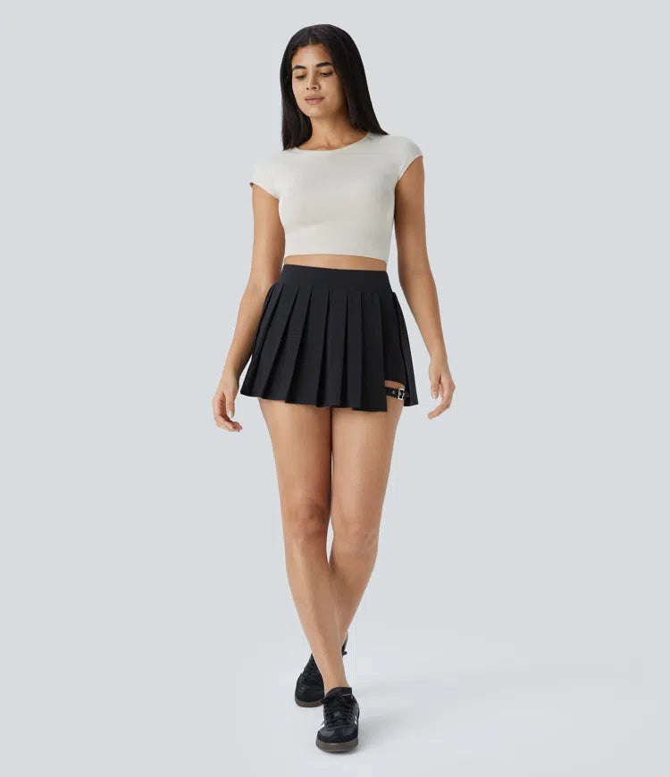 Breezeful High Waisted Pleated 2-in-1 Pocket Adjustable Buckle Micro Mini Quick Dry Party Skirt