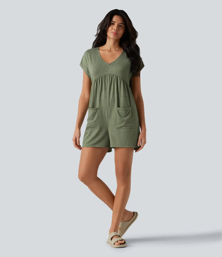 Cowl-back V-neck Cap Sleeve Heathered Casual Romper with Pockets-Easy Peezy