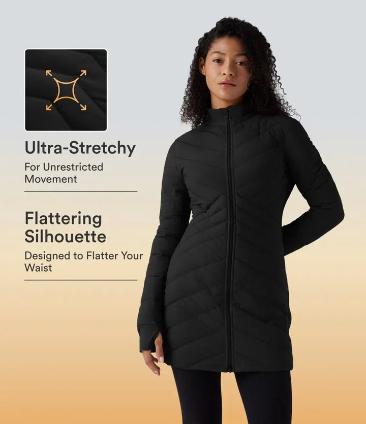 PuffFlex Stand Collar Long Sleeve Thumb Holes Zip Hem Stretchy Slim Casual Quilted Jacket with Pockets