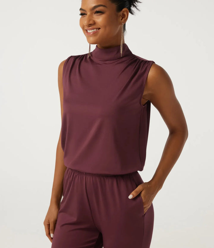 Mock Neck Sleeveless Flare Keyhole Back Party Jumpsuit with Pockets - Easy Peezy Edition