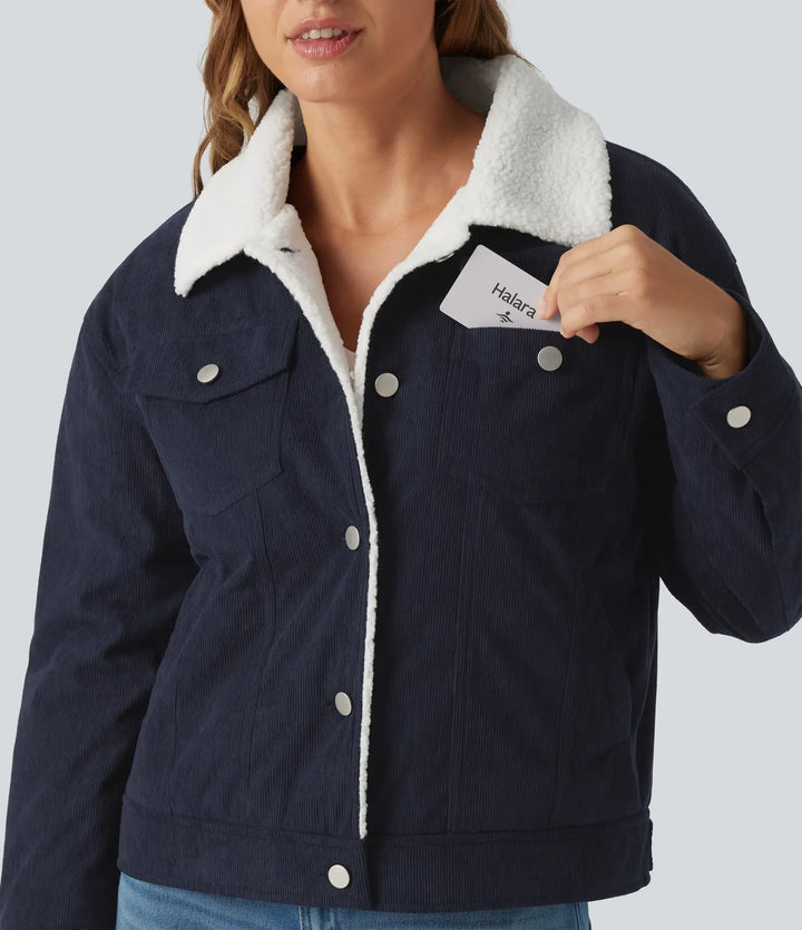 Stand Collar Long Sleeve Corduroy Casual Jacket with Pockets