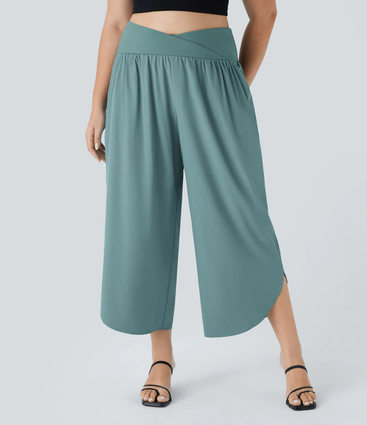 Breezeful High Waisted Crossover Side Pocket Split Quick Dry Resort Plus Size Trousers
