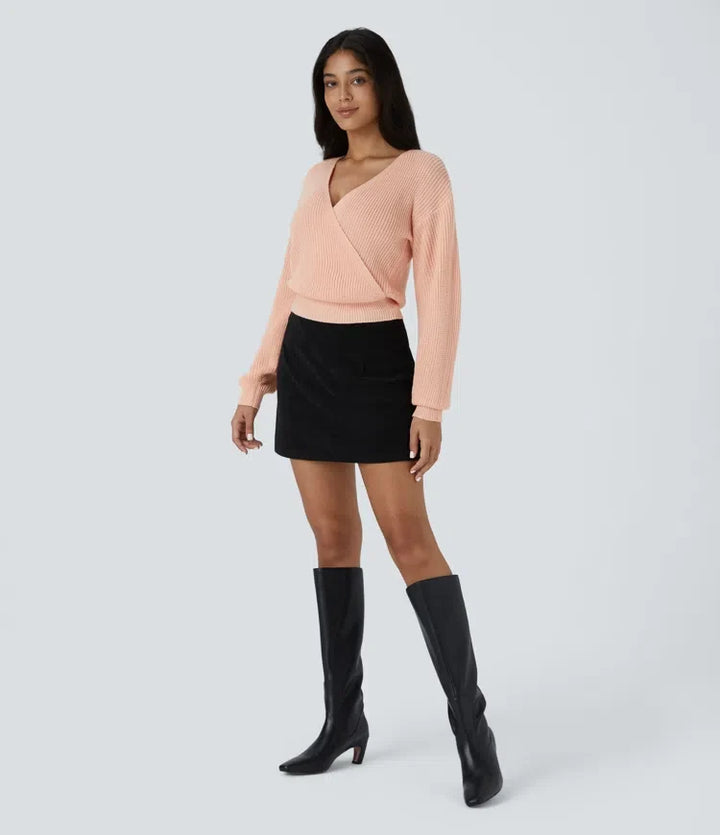 V Neck Dropped Shoulder Long Sleeve Wrapped Relaxed Casual Jumper