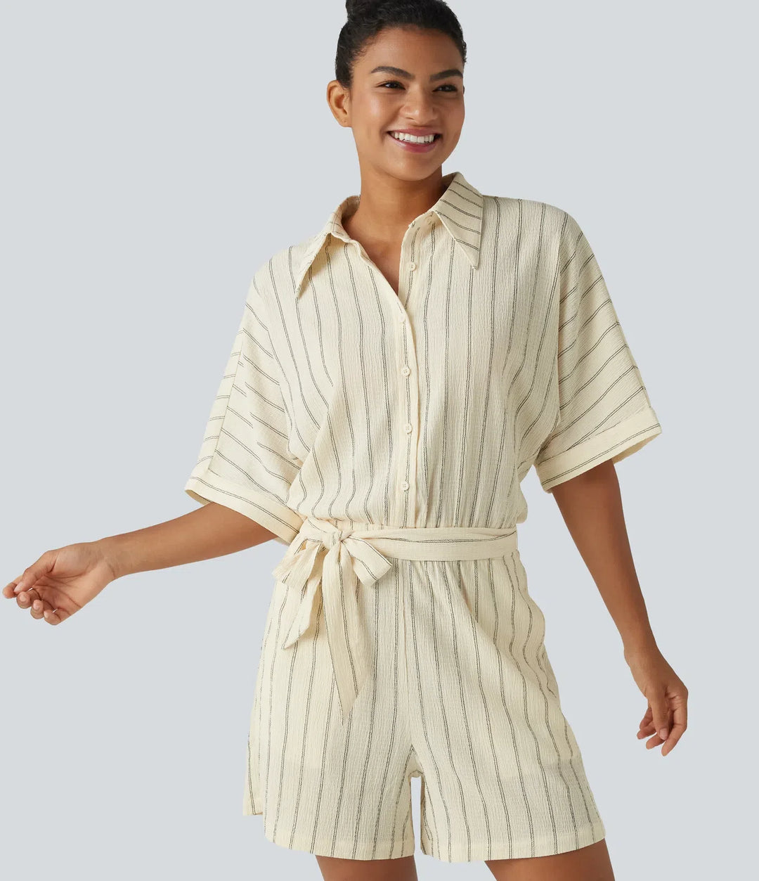 Collar Batwing Sleeve Tie Stripes Casual Romper with Pockets-Easy Peezy