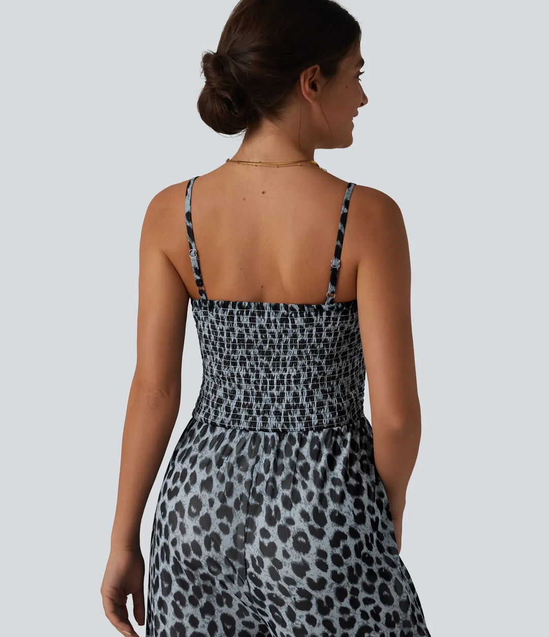 Tie-front Shirred Leopard Mesh Casual Slip Baggy Jumpsuit with Pockets