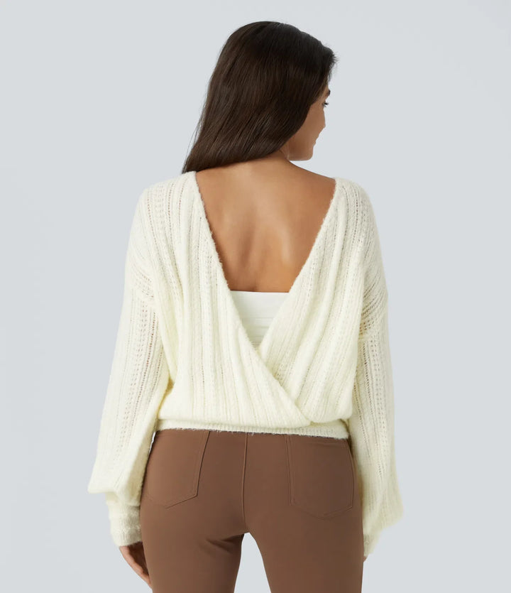 Sheer V Neck Long Sleeve Work Jumper-Front and Back Wearable