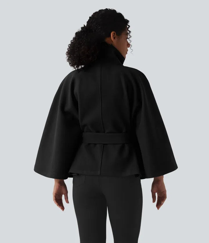 High-neck Long Sleeve Belted Work Cape Coat