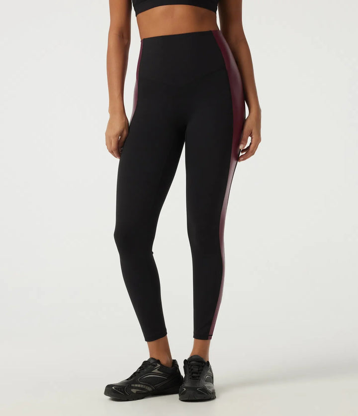High Waisted Tummy Control Color Block Stretchy PU Yoga Leggings with Pocket