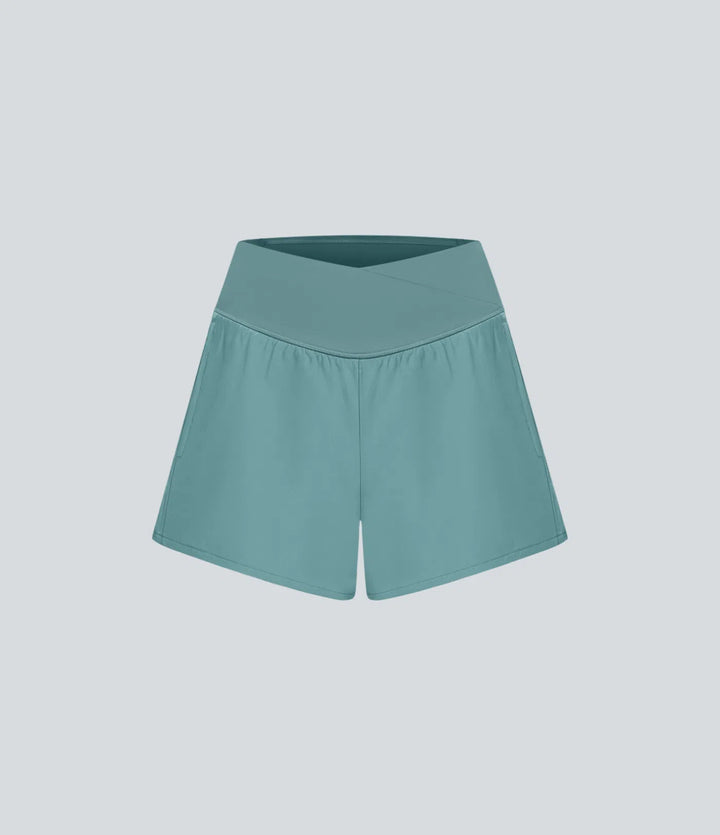 Breezeful High Waisted Crossover Side Pocket 2-in-1 Quick Dry Yoga Shorts 4"