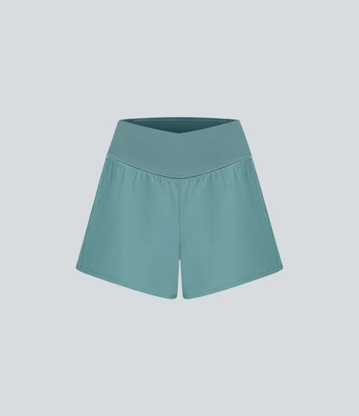 Breezeful High Waisted Crossover Side Pocket 2-in-1 Quick Dry Yoga Shorts 4"