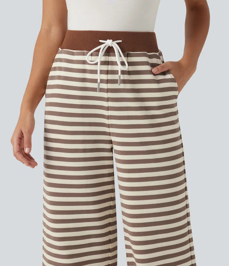Mid Rise Drawstring Stripe Wide Leg Lounging Sweattrousers with Pockets