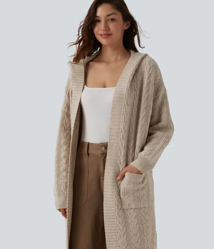 Hooded Long Sleeve Longline Casual Cardigan with Pockets