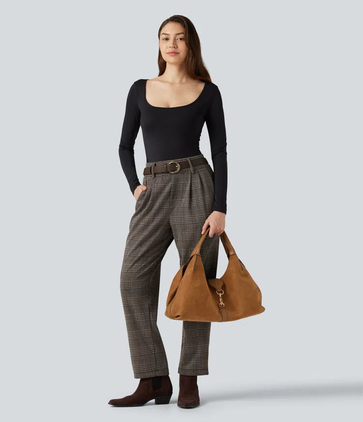 Halara Flex High Waisted Tapered Houndstooth Plaid Work Trousers with Pockets