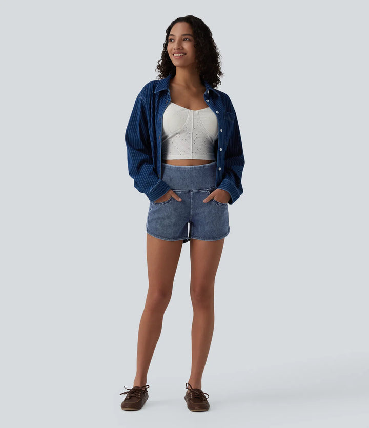Halara Flex High Waisted Tummy Control Curved Hem Skinny Denim Casual Shorts with Pockets