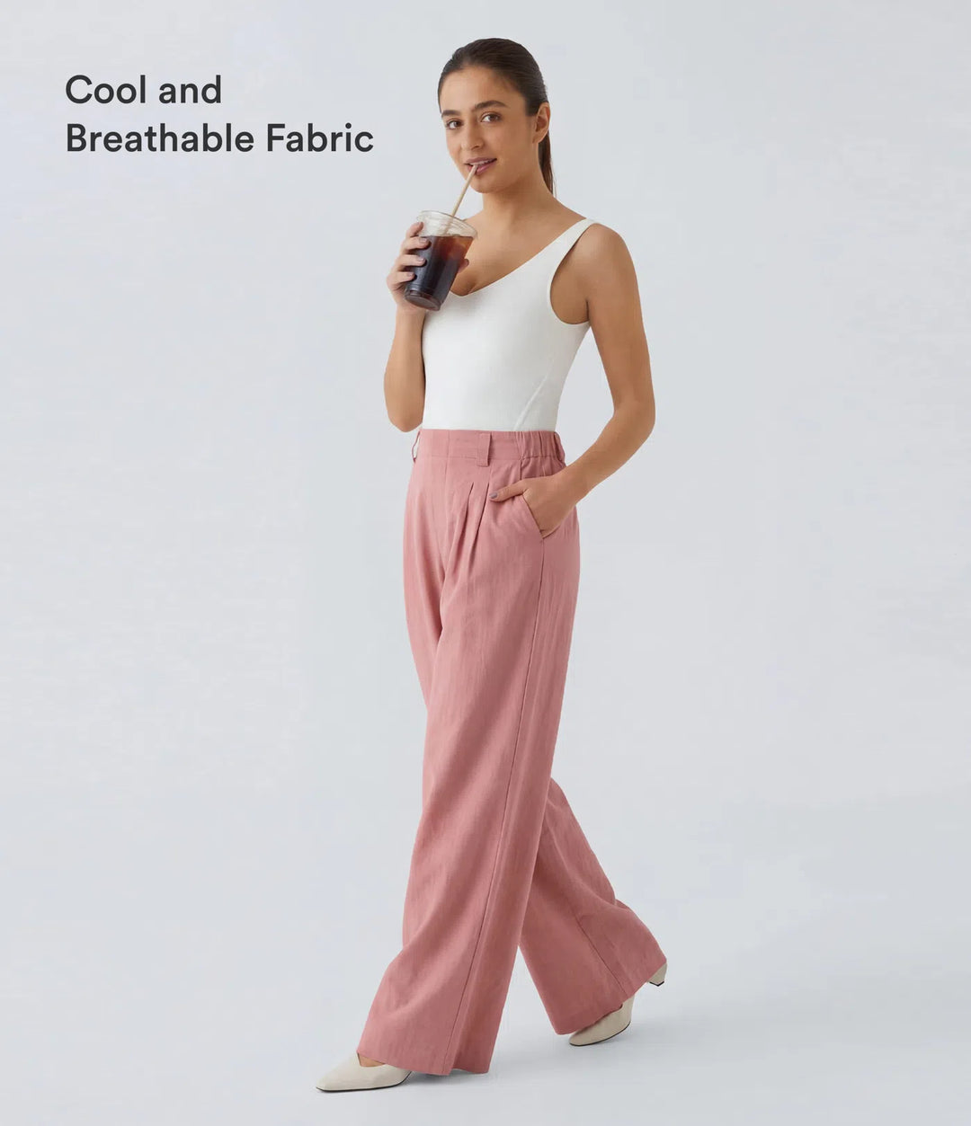 High Waisted Pocket Wide Leg Flowy Solid Palazzo Casual Linen-Feel Trousers