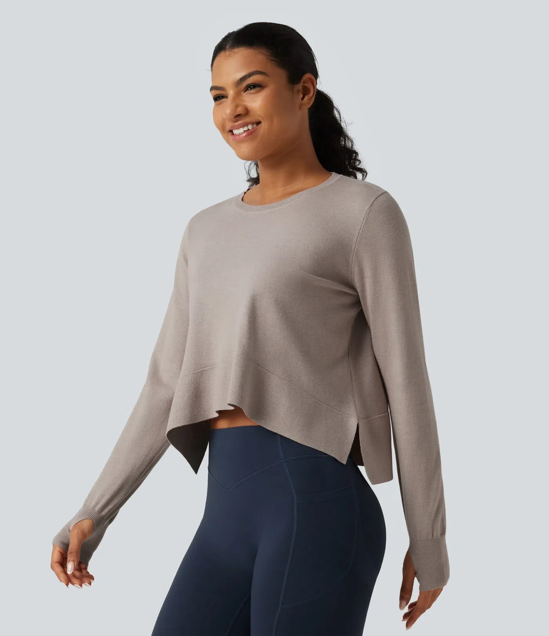 Round Neck Long Sleeve Asymmetric Thumb Holes Casual Jumper