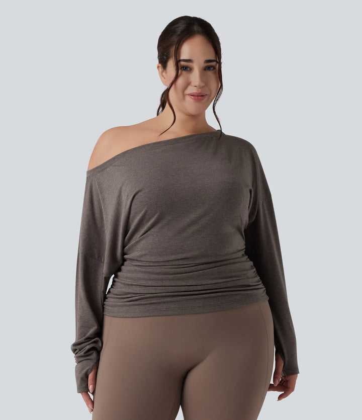 Plus Size One Shoulder Long Sleeve Thumb Hole Ruched Yoga Sports Top