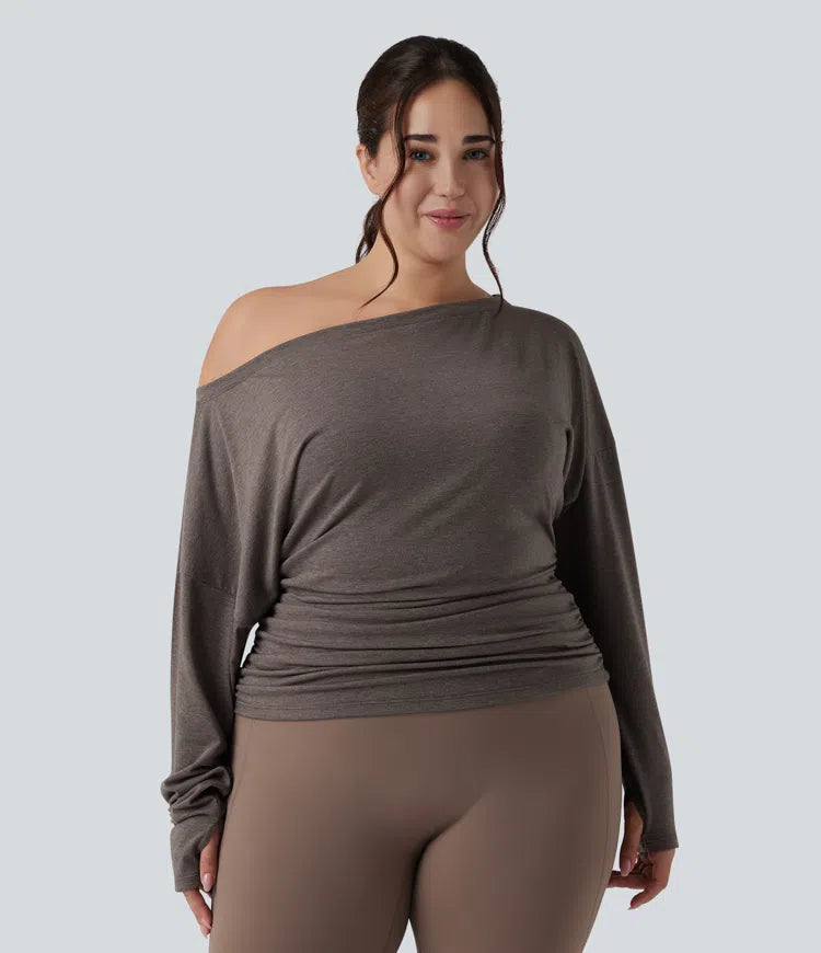 Plus Size One Shoulder Long Sleeve Thumb Hole Ruched Yoga Sports Top