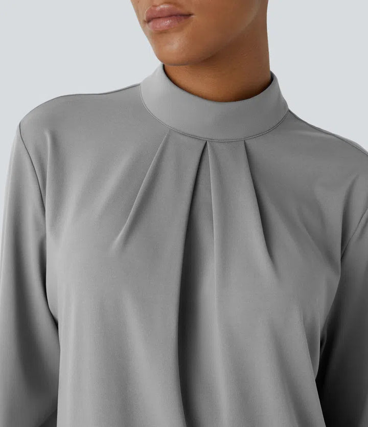 Stand Collar Button Back Long Sleeve Work Blouse