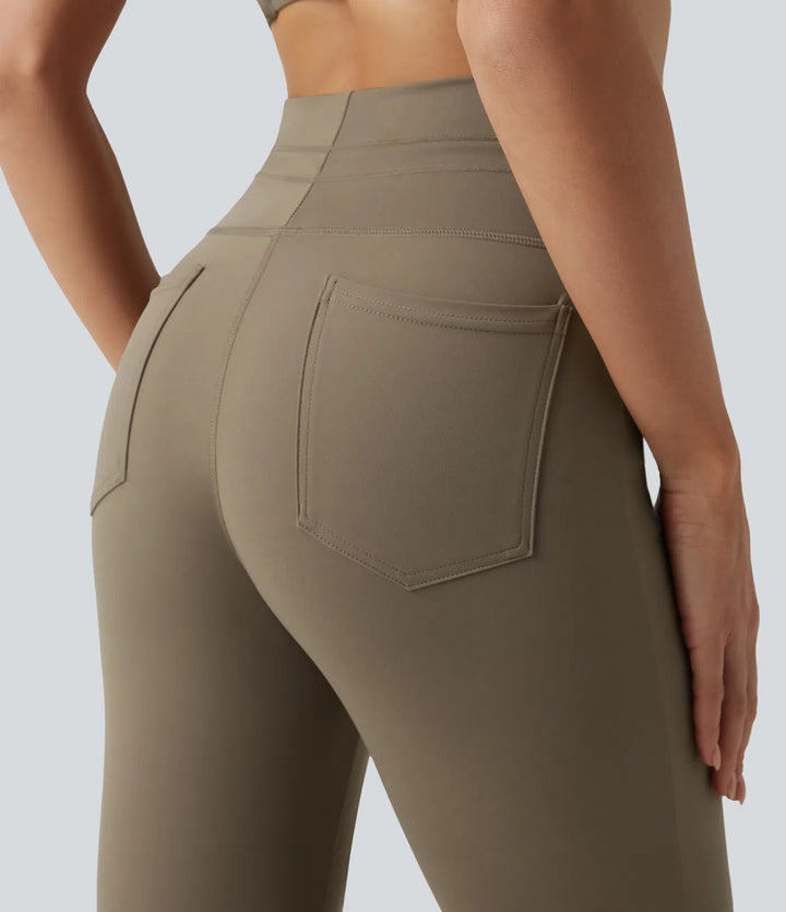 High Waisted Drawstring Plain Flared Yoga Trousers with Pockets
