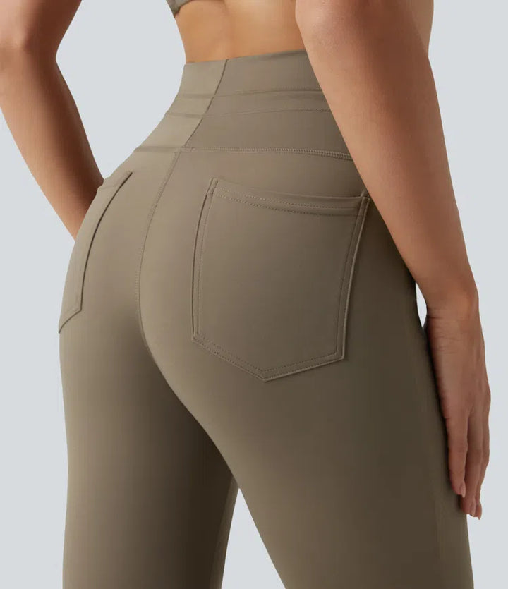 High Waisted Drawstring Plain Flared Yoga Trousers with Pockets