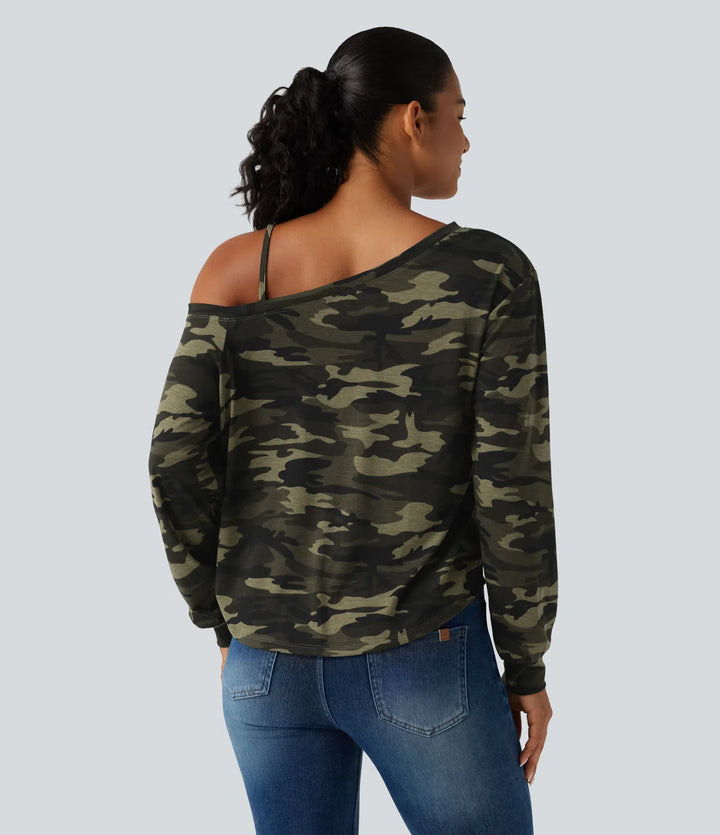 One Shoulder Long Sleeve Camo Casual Top
