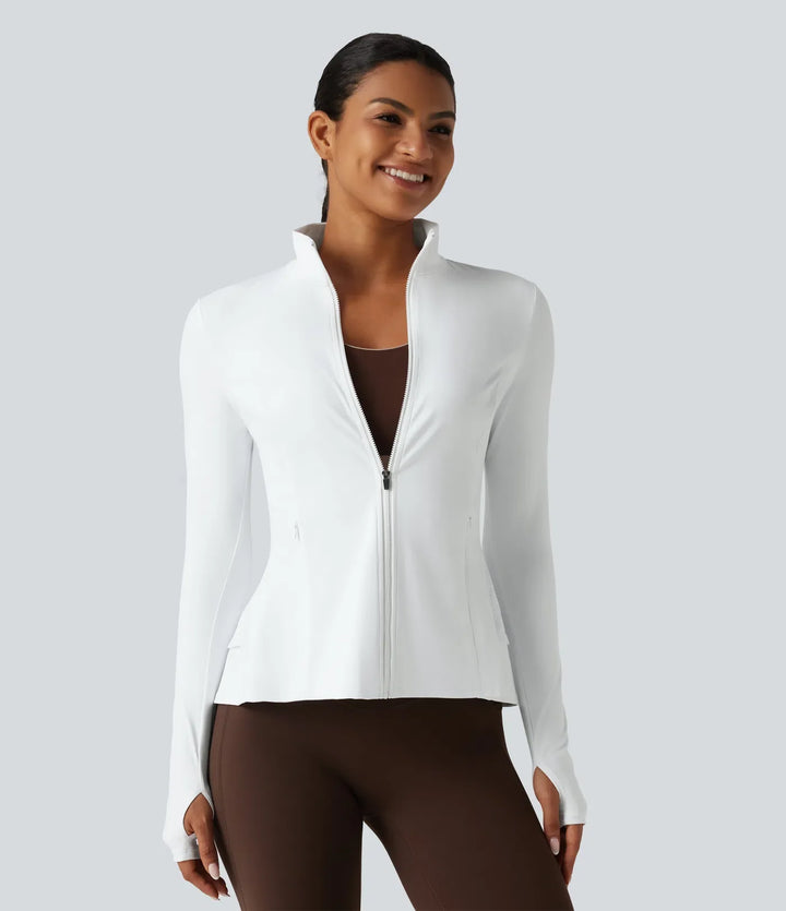 SoftlyZero Airy Stand Collar Long Sleeve Thumb Hole Eyelet Ruffle Hem InstantCool Yoga Jacket with Pockets-UPF50+
