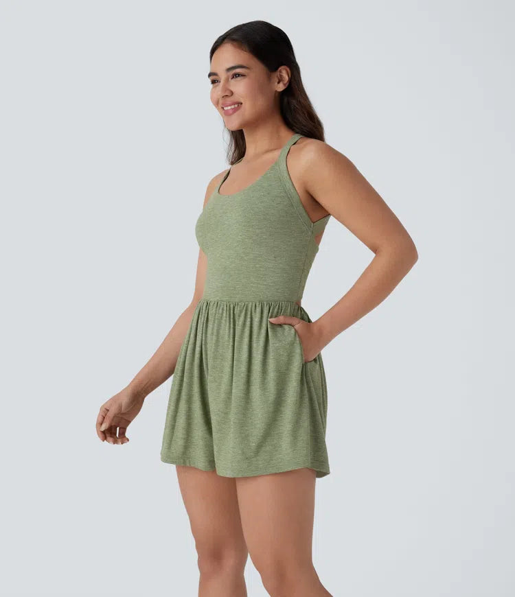 Backless Twisted Side Pocket 2-in-1 Resort Playsuit-Easy Peezy Edition