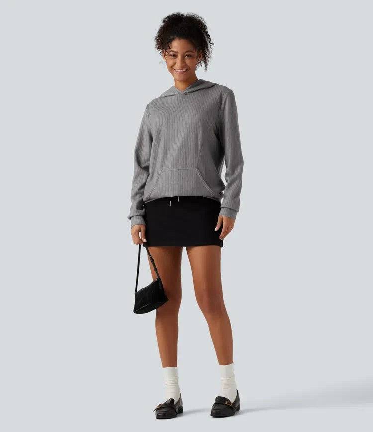 Ribbed Hooded Long Sleeve Casual Sweatshirt with Pocket