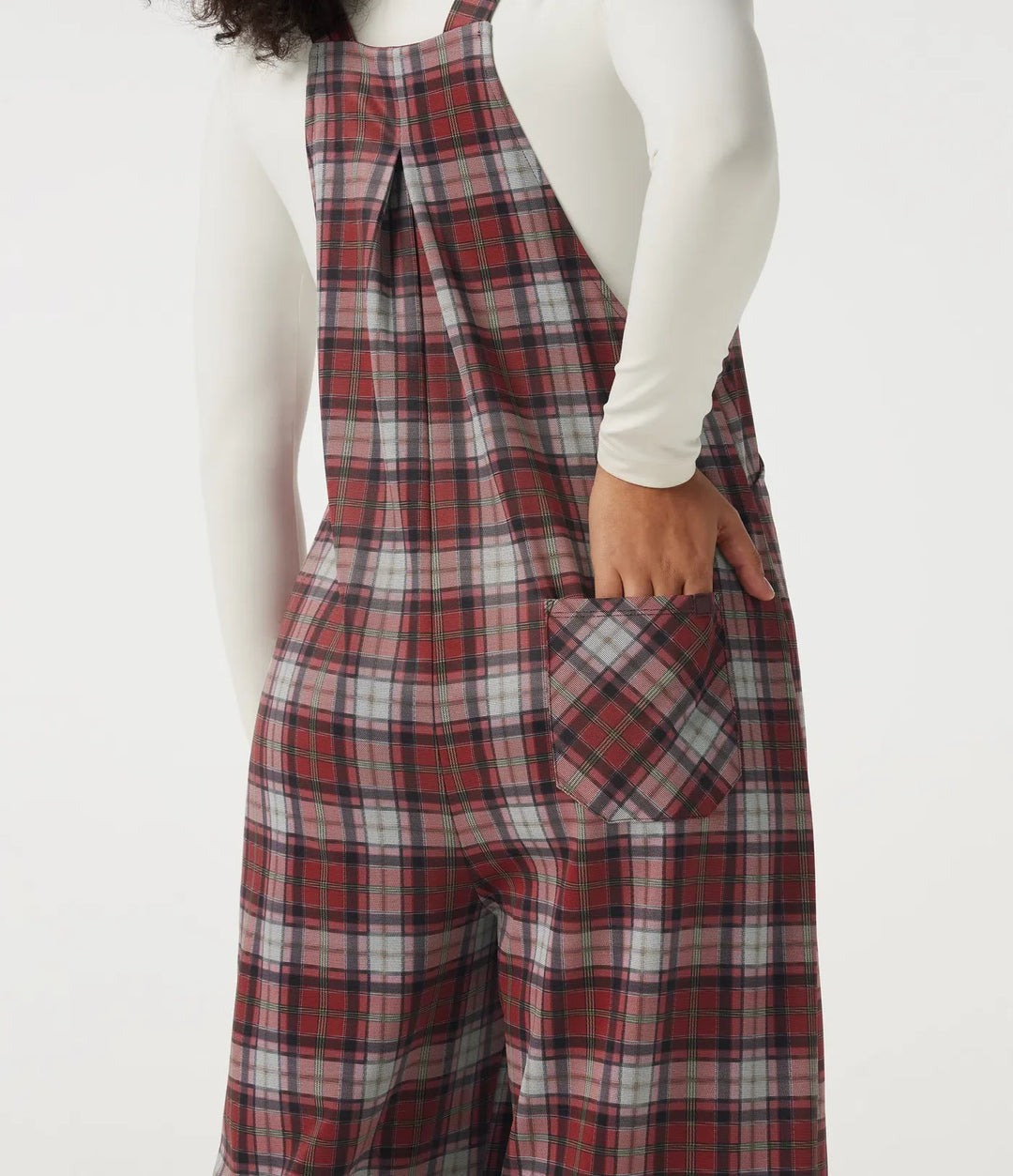 Square Neck Plaid Wide Leg Overalls with Pockets
