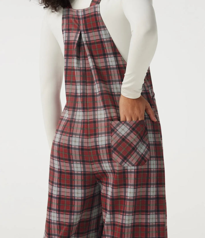 Square Neck Plaid Wide Leg Overalls with Pockets