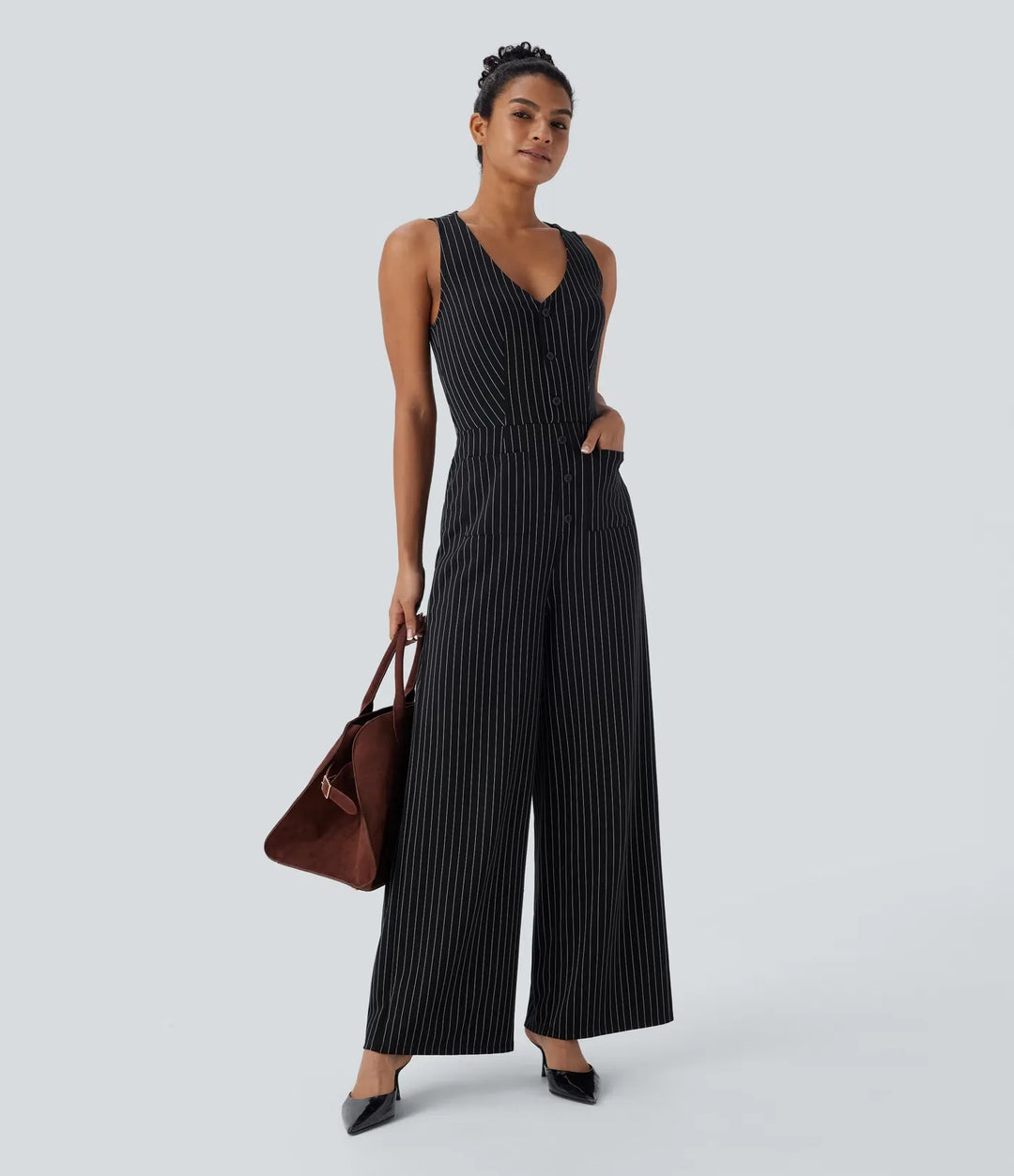V Neck Sleeveless Cut Out Pockets Wide Leg Stripe InstantCool Work Jumpsuit