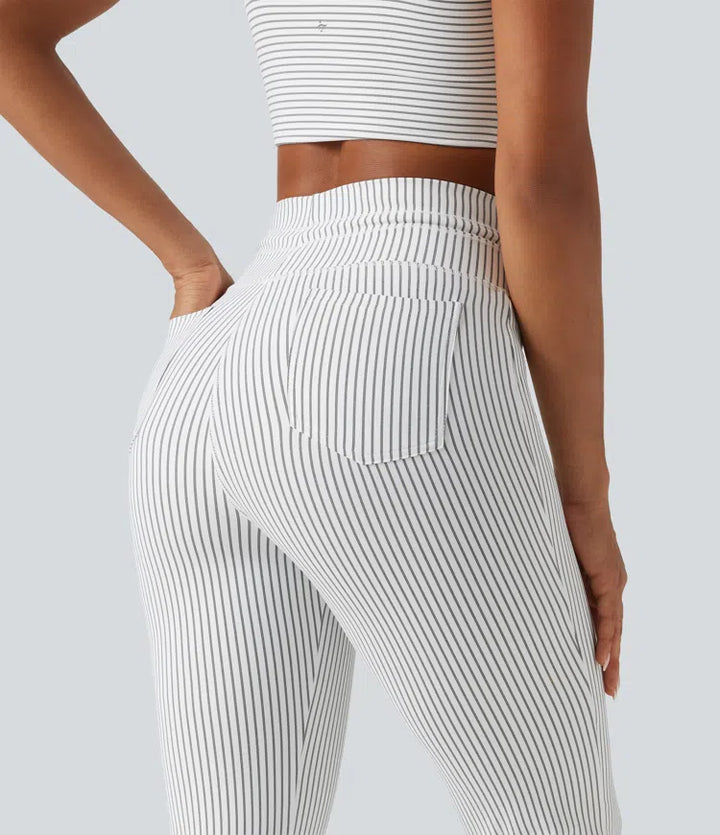 High Waisted Drawstring Stripe Flare Yoga Trousers with Pockets