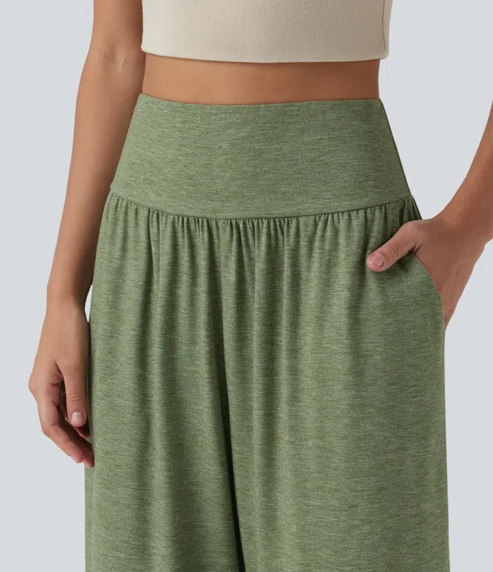High Waisted Tummy Control Curved Hem Casual Trousers with Pockets