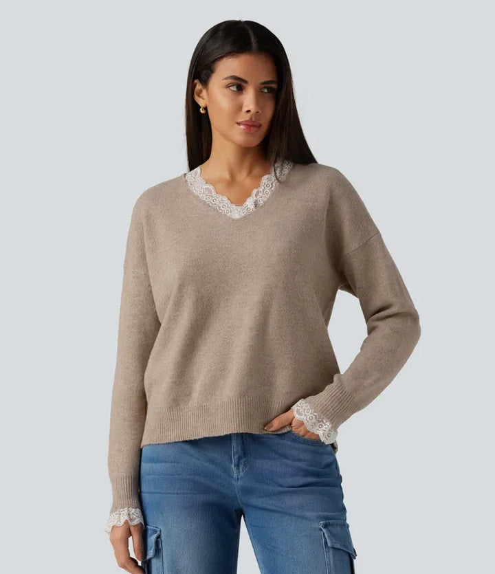 V Neck Contrast Lace Dropped Long Sleeve Casual Jumper
