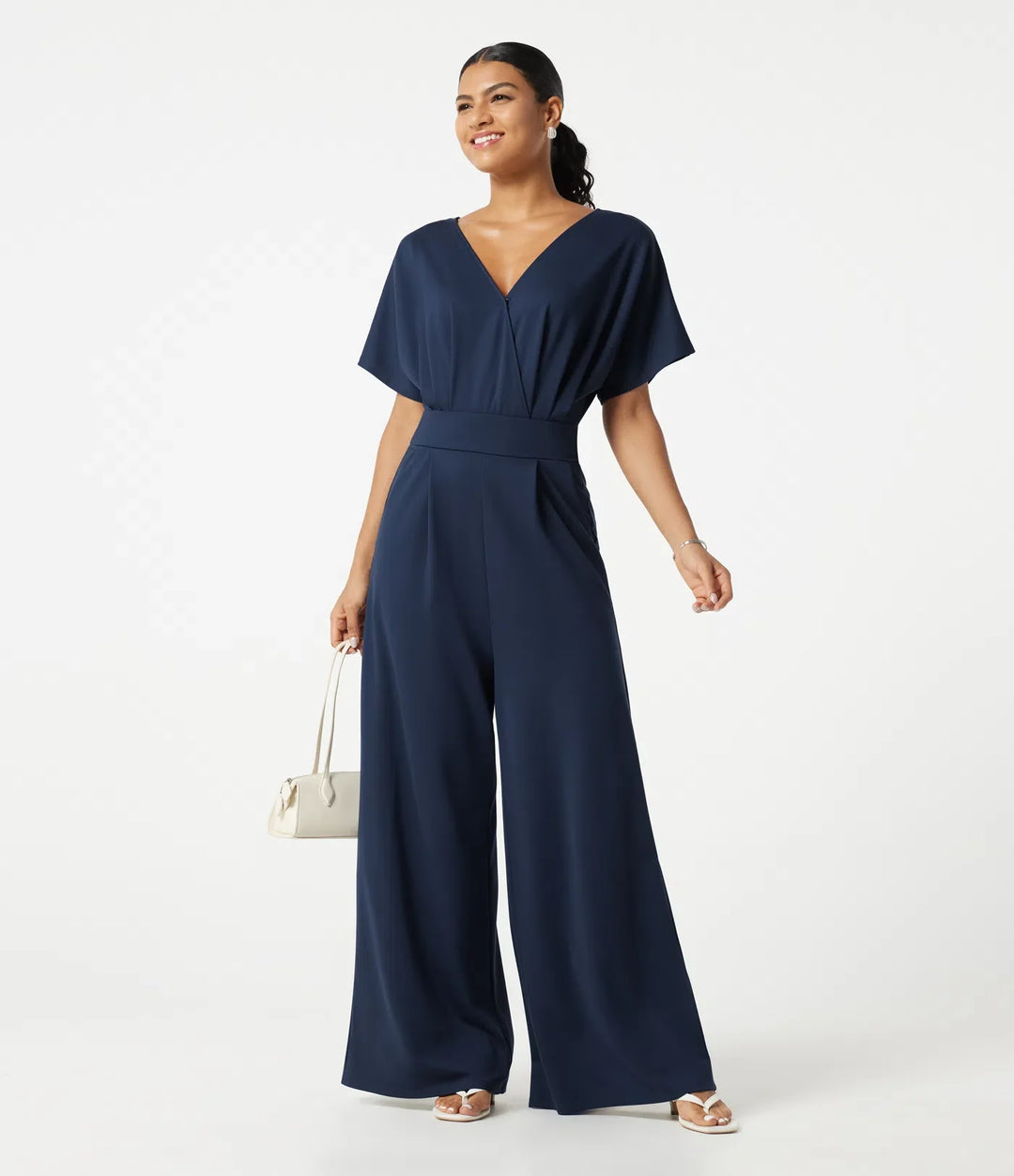 V Neck Short Sleeve Ruched Wide Leg Casual Jumpsuit with Pockets -Easy Peezy Edition