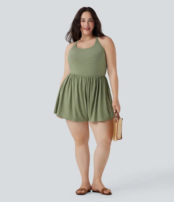 Backless Twisted 2-in-1 Resort Plus Size Playsuit with Pockets-Easy Peezy Edition
