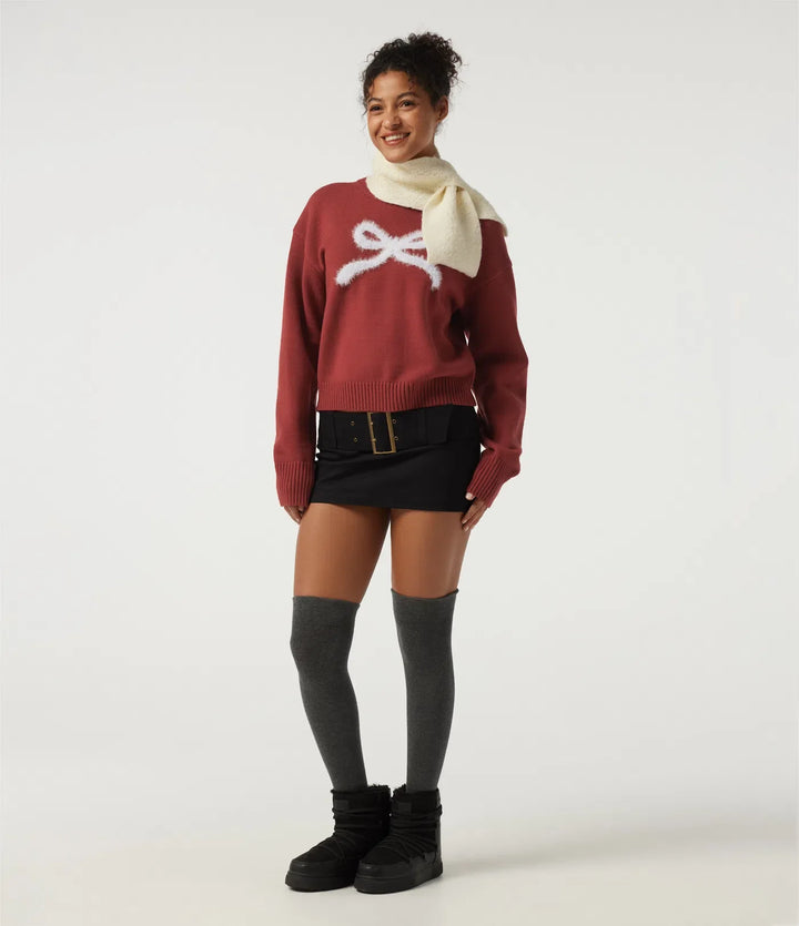 Round Neck Drop Shoulder Long Sleeve Bow Casual Jumper