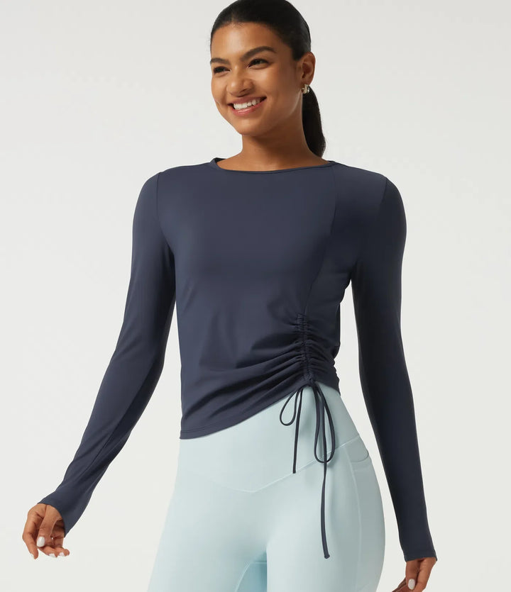 SoftlyZero Airy Round Neck Long Sleeve Ruched InstantCool Yoga Sports Top