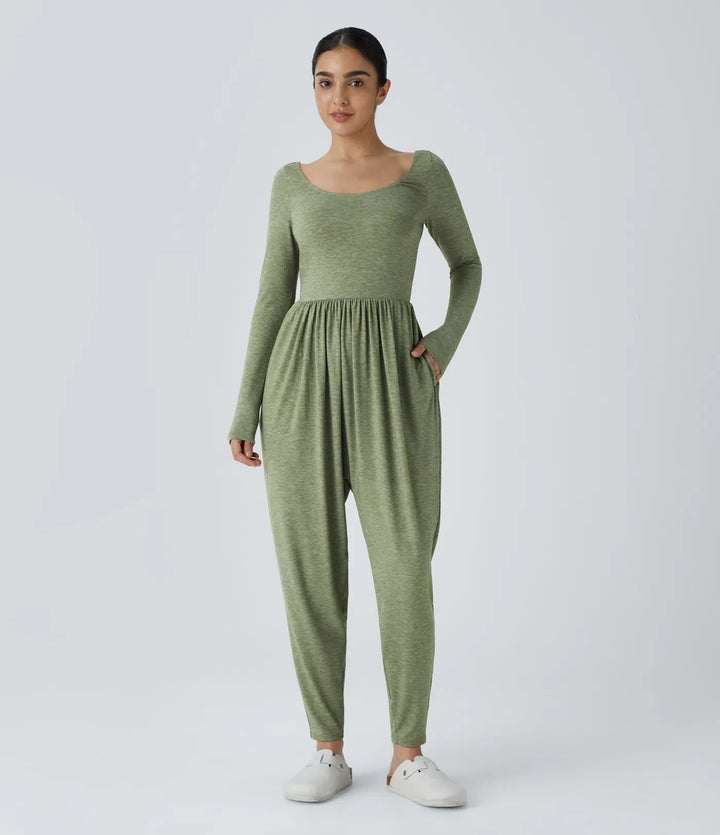 Scoop Neck Pocket Casual Harem Jumpsuit