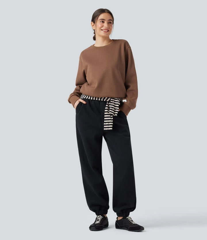 Round Neck Long Sleeve Fleece Casual Cotton Sweatshirt with Pockets