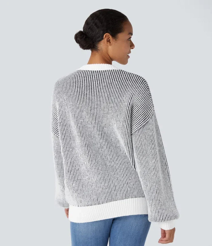 Round Neck Long Sleeve Color Block Stripe Casual Jumper