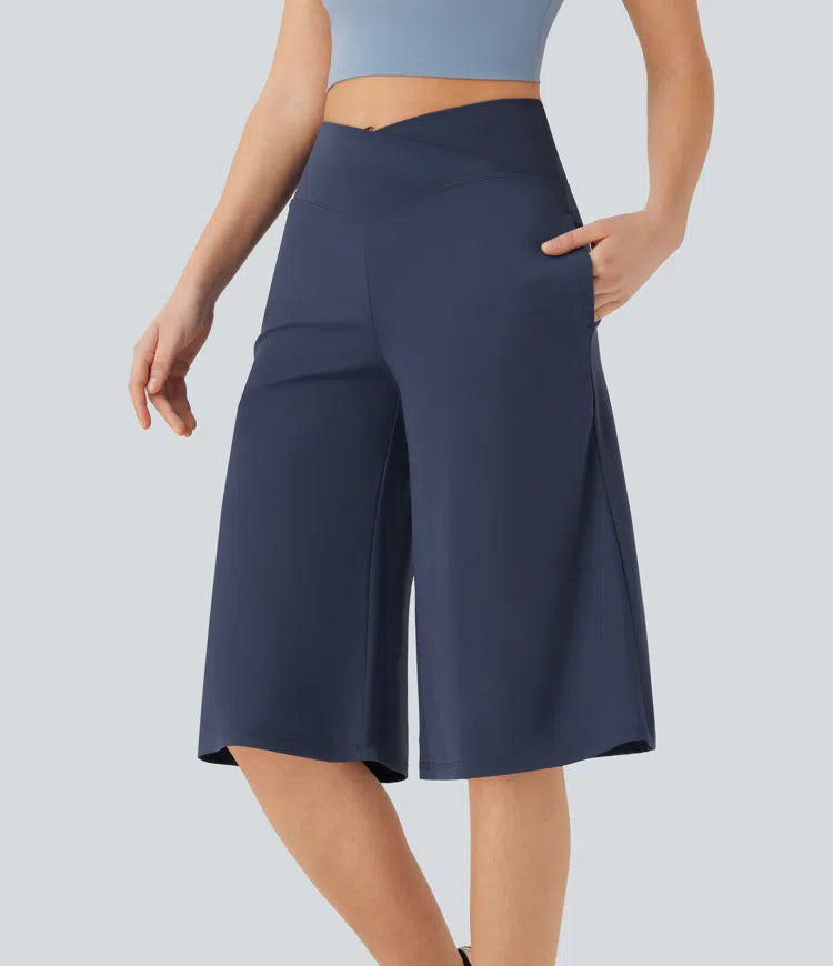 Softlyzero Airy Crossover High Waisted Wide Leg Yoga Cropped Capri Trousers with Pockets