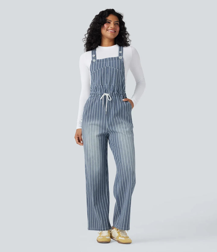 Halara Flex Drawstring Stripe Straight Leg Denim Casual Overalls with Pockets