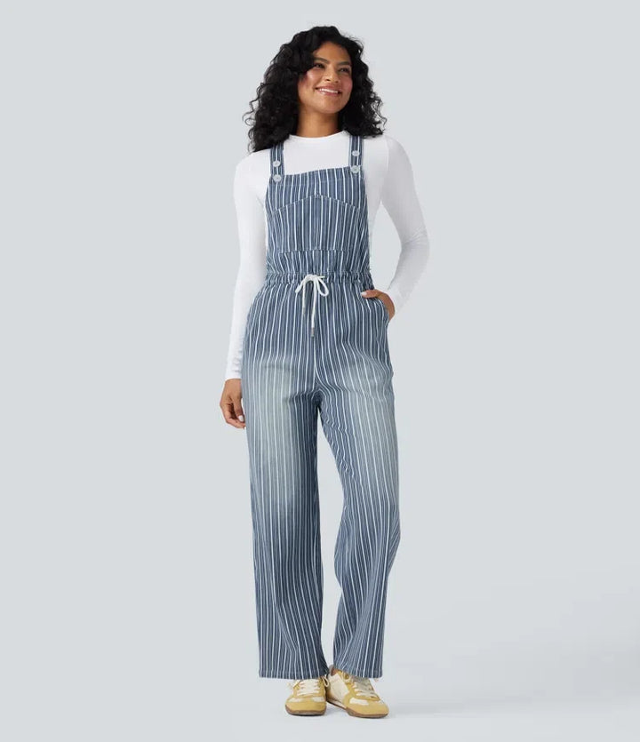 Halara Flex Drawstring Stripe Straight Leg Denim Casual Overalls with Pockets